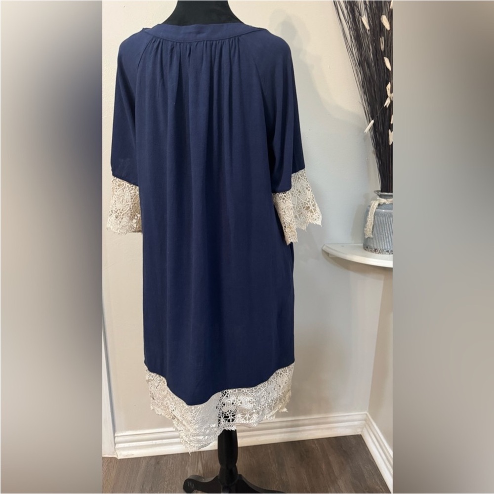Umgee Navy Boho Tunic Dress with Crochet Trim – Size S - Picture 4 of 7